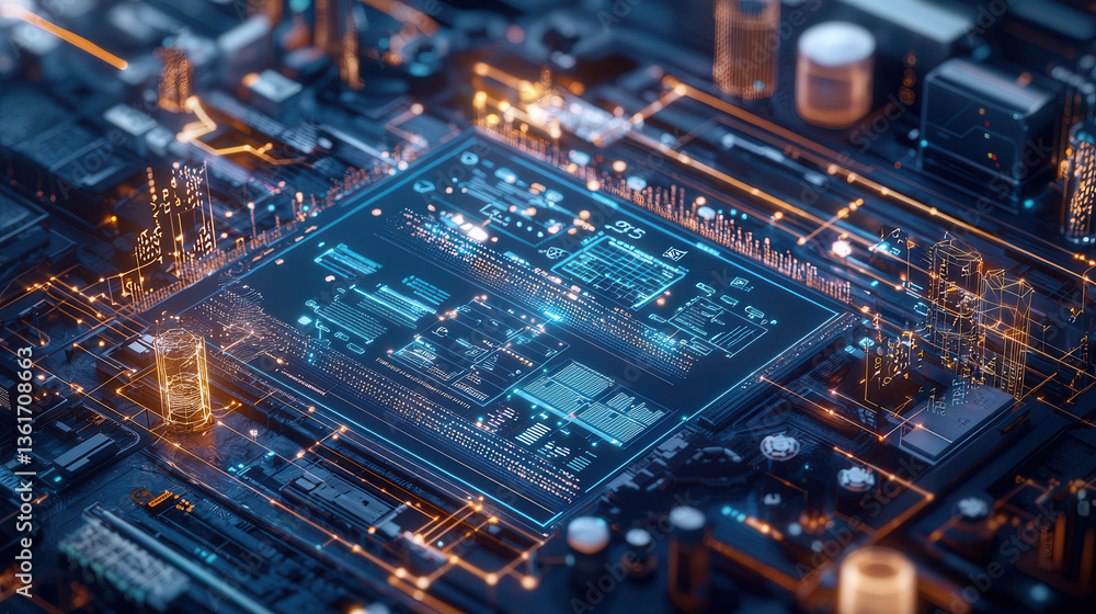futuristic digital circuit board with glowing blue and orange lights, showcasing advanced technology and intricate details futuristic digital circuit board with glowing blue and orange lights, showcasing advanced technology and intricate details