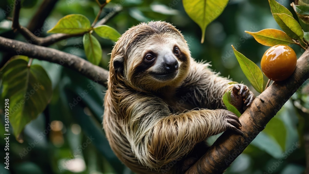 A sloth clings to a branch, surrounded by lush green leaves and a small fruit. A sloth clings to a branch, surrounded by lush green leaves and a small fruit.