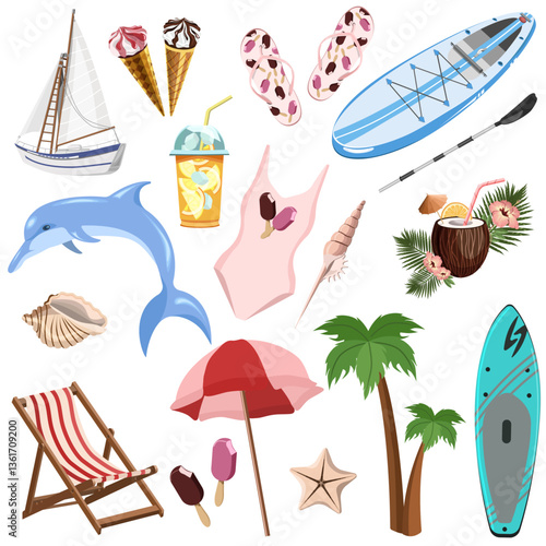 Symbols of summer collection.Dolphin,palm tree,cocktail,sap,yacht,chaise longue,umbrella,swimsuit,ice cream,popsicle,seashells isolated on a white background.Vector illustration for summer designs.