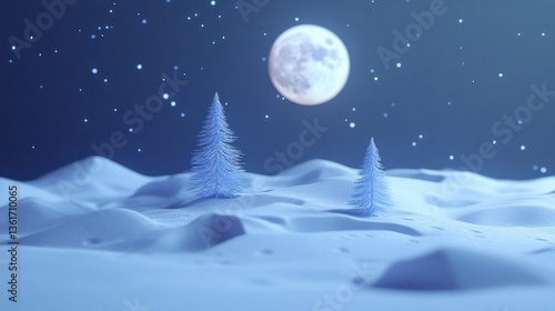 Snowy landscape, moonlit night, frost trees, winter card