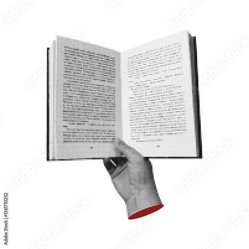 Hand holding an open book with retro halftone effect. Retro vector illustration.