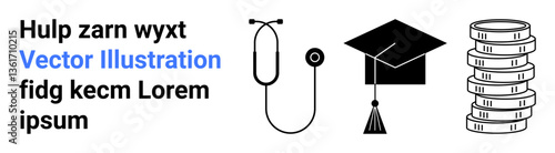 Stethoscope, graduation cap, and stacked coins showcasing healthcare, academic achievements, and economic concepts. Ideal for medical services, education, finance, charity business strategy career