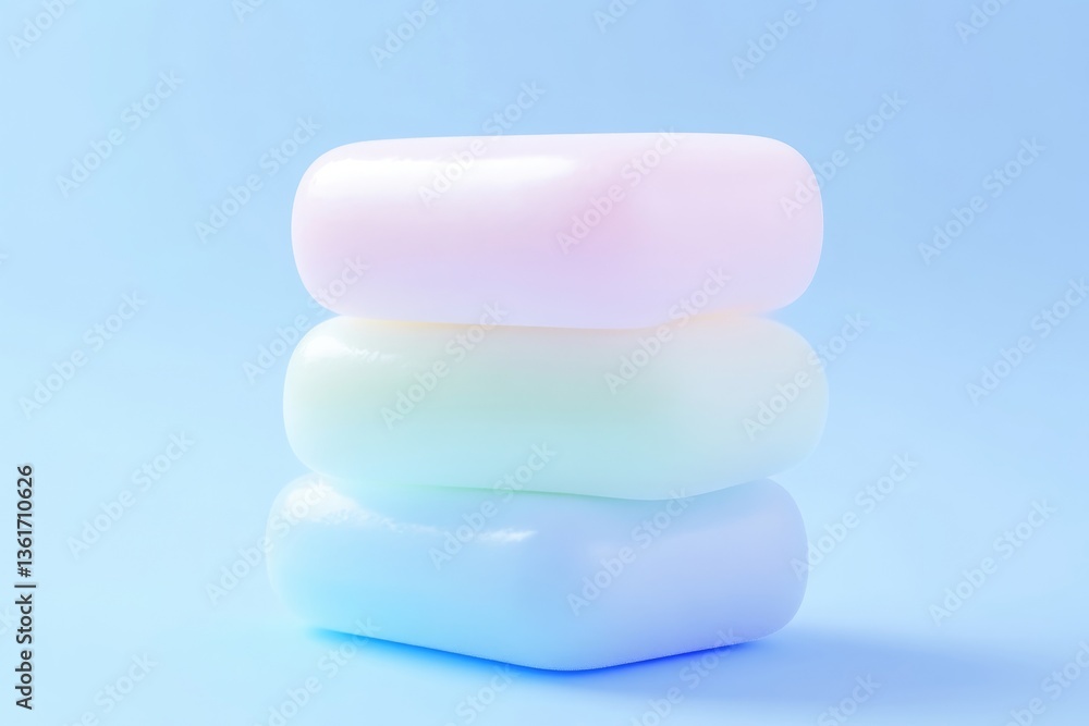 Stack of pastel colored bars of soap. Three, different shade, pastel-toned, rectangular, soap bars, stacked, on a light blue background. Gentle, soft colors, modern, simple, minimalist design Stack of pastel colored bars of soap. Three, different shade, pastel-toned, rectangular, soap bars, stacked, on a light blue background. Gentle, soft colors, modern, simple, minimalist design