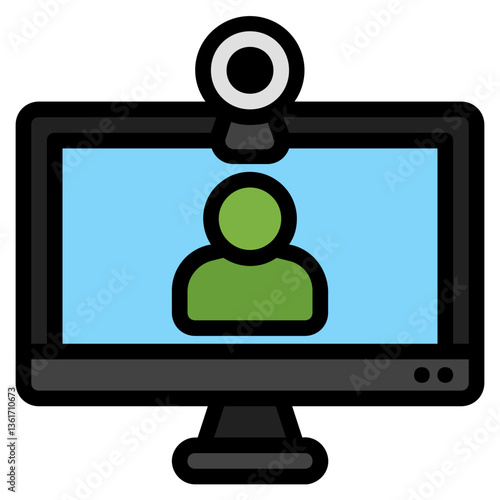 Computer monitor displays person with microphone. Ideal for virtual meetings, online presentations, video conferences, remote work, communication concepts.