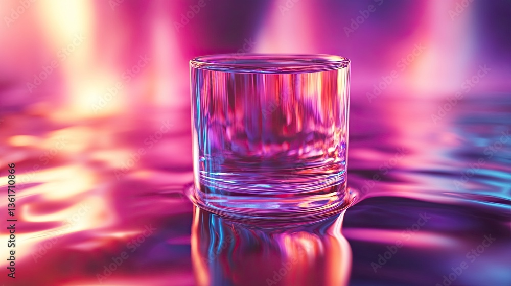 Abstract 3D render of a light-emitting glass with iridescent holographic neon reflections. - Abstract 3D render of a light-emitting glass with iridescent holographic neon reflections. -