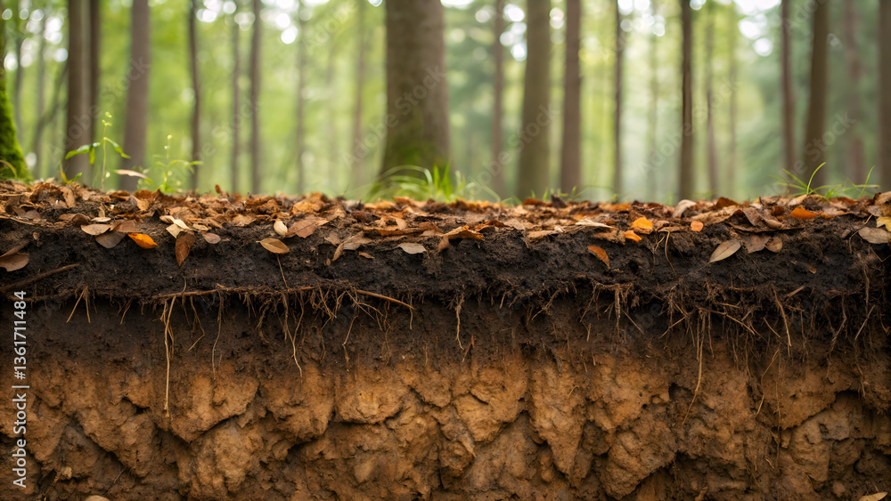 Obraz premium carbon cycle diagram decomposition Underground roots and soil beneath a forest floor, surrounded by trees and greenery.