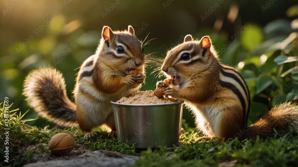 Fototapeta premium Two chipmunks eating from a bowl in a natural setting.