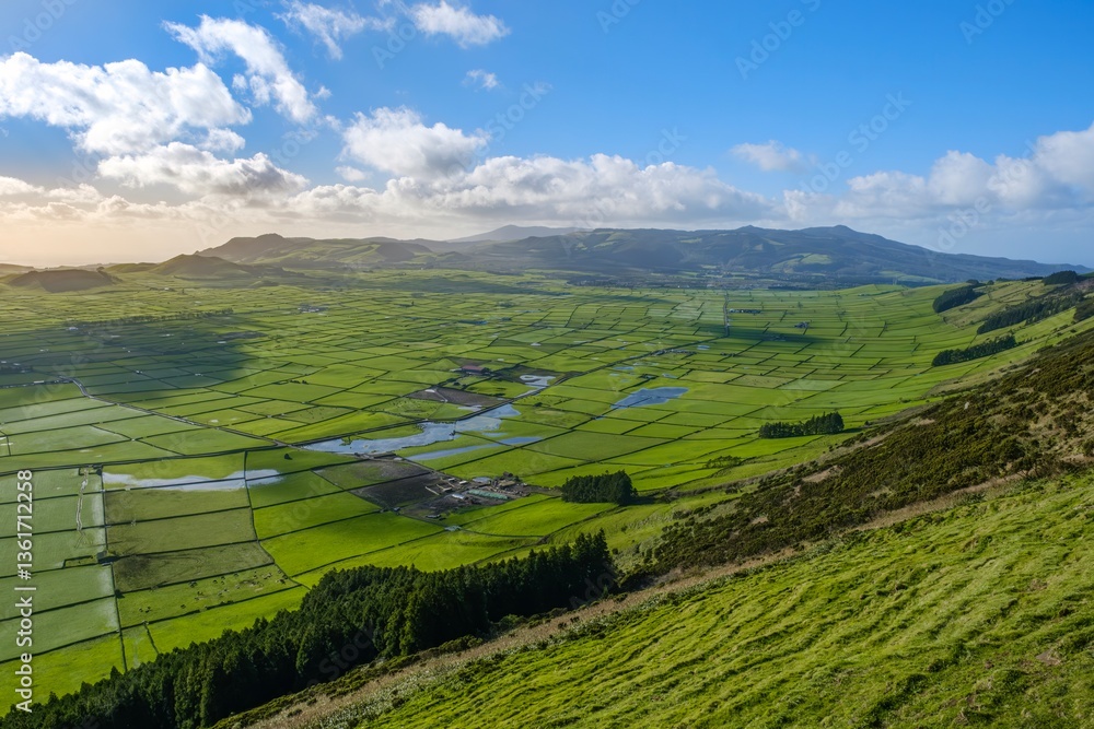 Terceira's Rural Beauty: Serra de Cume Vista. Scenic overlook of cultivated fields in Serra de Cume, Terceira, Azores.Panoramic view of green patchwork fields at sunset.