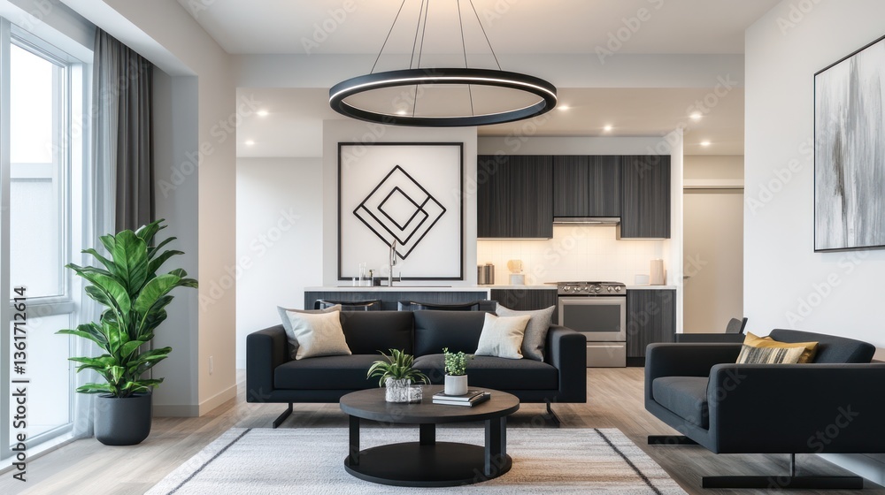 Fototapeta premium Modern Apartment Living Room Interior, Open Concept Kitchen, Stylish Decor