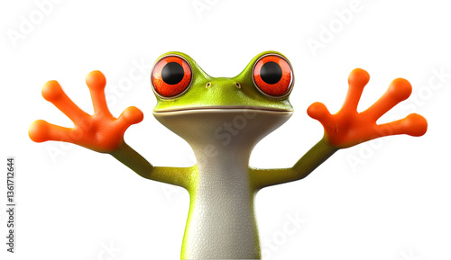Cartoonish red eyed tree frog with its orange hands up as if saying hello or stop.
