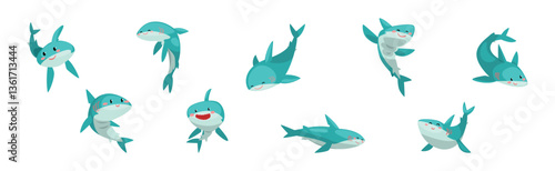 Blue Shark Toothy Animal with Fin Vector Set