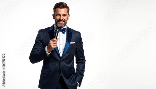 Handsome man presenter in dark blue tuxedo holds microphone. Smiling showman speaks at event in studio. Cheerful speaker with mic smiles, ready to give speech. White copy space.