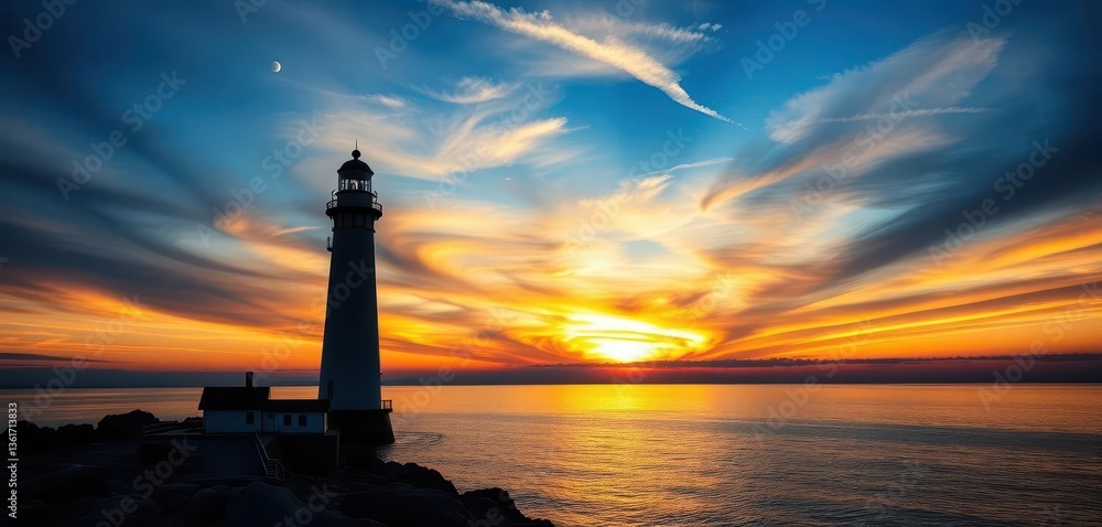 Fototapeta premium Majestic Marshall Point Lighthouse silhouetted against a vibrant sunset sky, clouds, nature, horizon