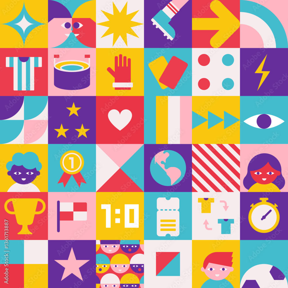Vector seamless pattern with square abstract compositions with geometrical icons which are symbols of world football championship (cup). Minimalistic concept, clipart sport collection Vector seamless pattern with square abstract compositions with geometrical icons which are symbols of world football championship (cup). Minimalistic concept, clipart sport collection