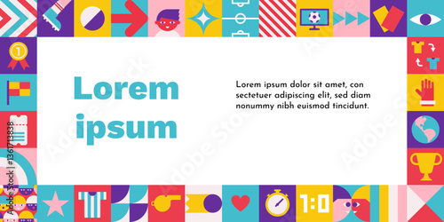 Vector flat horizontal frame for poster with square abstract icons which are signs of world football championship (cup). Template with copy space, geometrical clipart for sport collection
