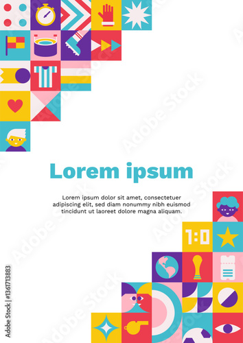 Vector flat vertical poster A4 size with square abstract icons which are symbols of world football championship (cup). Template with copy space, geometrical clipart for sport collection