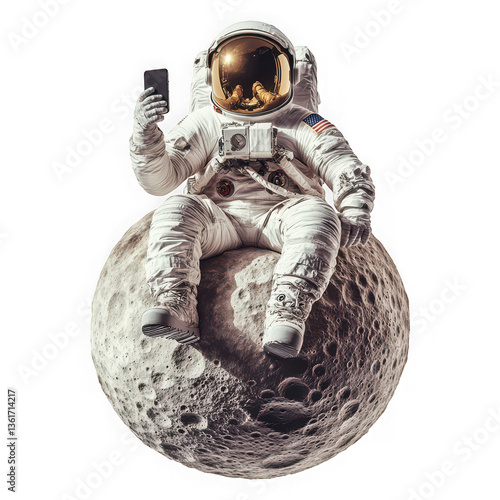 An astronaut sitting on the moon taking a selfie, isolated on a white background.