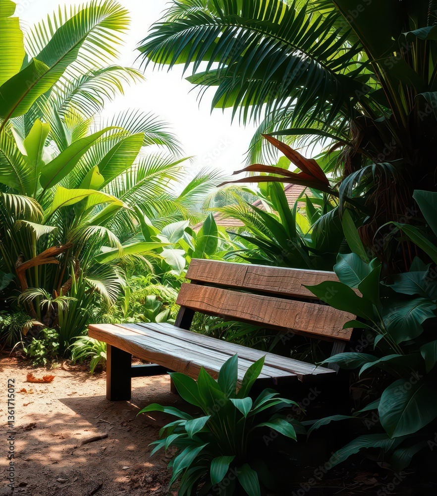 Fototapeta premium Rustic wooden bench nestled amongst lush tropical foliage, earthy tones, peaceful place, outdoor, wood