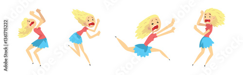 Scared Blond Woman Character Shriek and Shout Afraid of Something Vector Set