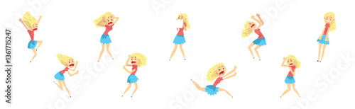 Scared Blond Woman Character Shriek and Shout Afraid of Something Vector Set