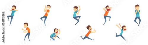 Scared Man Character Shriek and Shout Afraid of Something Vector Set