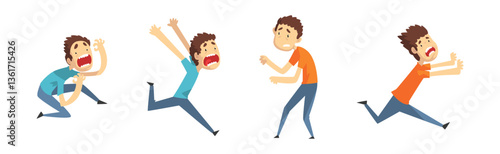 Scared Man Character Shriek and Shout Afraid of Something Vector Set