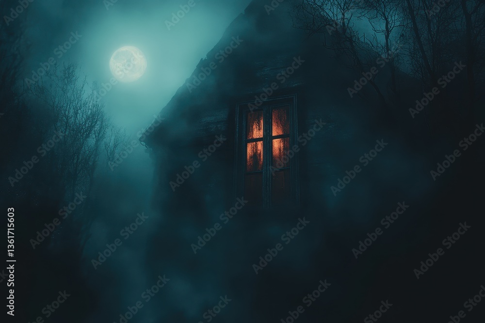 Obraz premium Spooky house in the dark fog with bright moon and a glowing window. Use for mystery, horror, Halloween, or spooky seasonal projects.