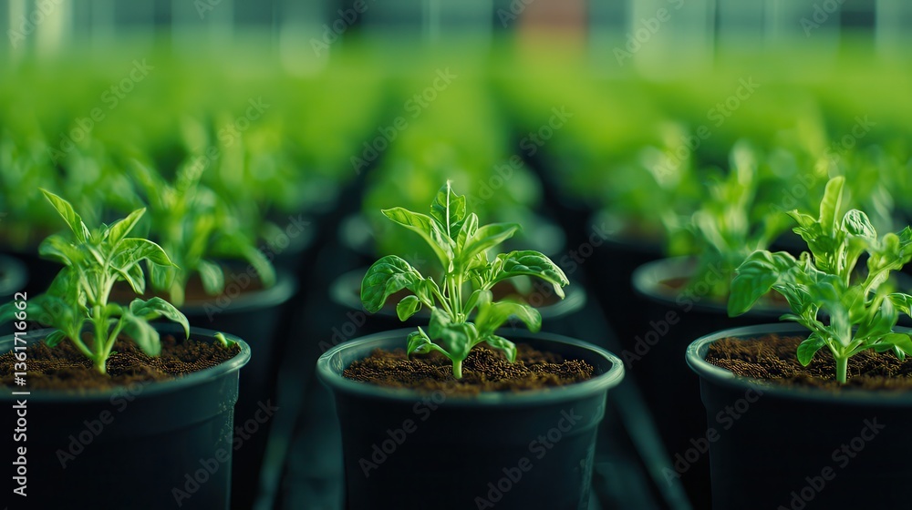 Fresh Green Seedlings Growing in Black Pots at a Greenhouse Farm Fresh Green Seedlings Growing in Black Pots at a Greenhouse Farm