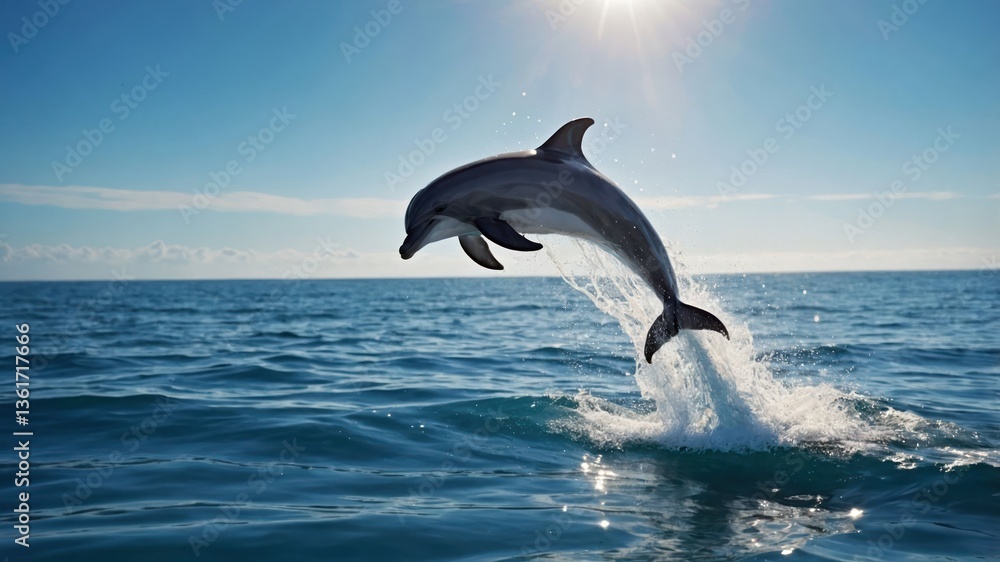 Fototapeta premium A dolphin leaps out of the ocean against a bright sky, showcasing its agility and playfulness.