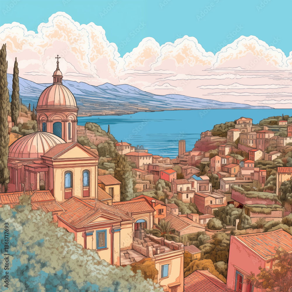 Obraz premium Illustrated view of an Italian coastal village, typical Mediterranean seaside landscape