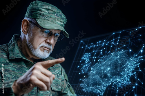 Senior soldier scrutinizes digital map, pointing at a specific location with serious expression