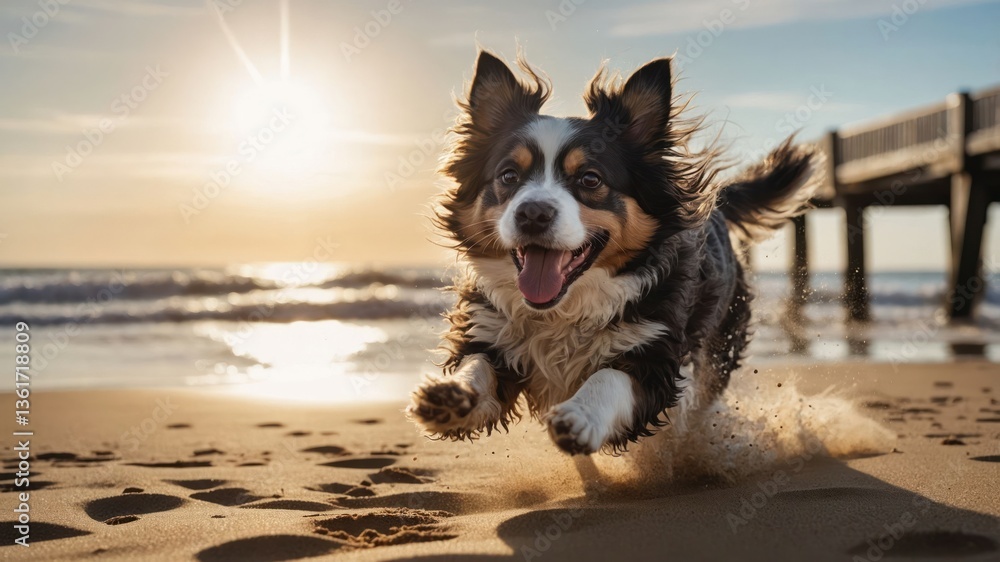 A joyful dog runs along the beach at sunset, capturing a moment of happiness and freedom. A joyful dog runs along the beach at sunset, capturing a moment of happiness and freedom.