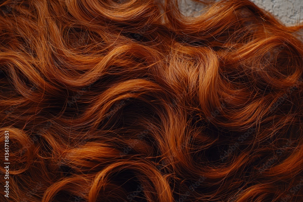 Naklejka premium Abstract close-up of vibrant auburn wavy hair, showcasing intricate texture and rich, warm tones against a subtle, neutral background for beauty concepts.