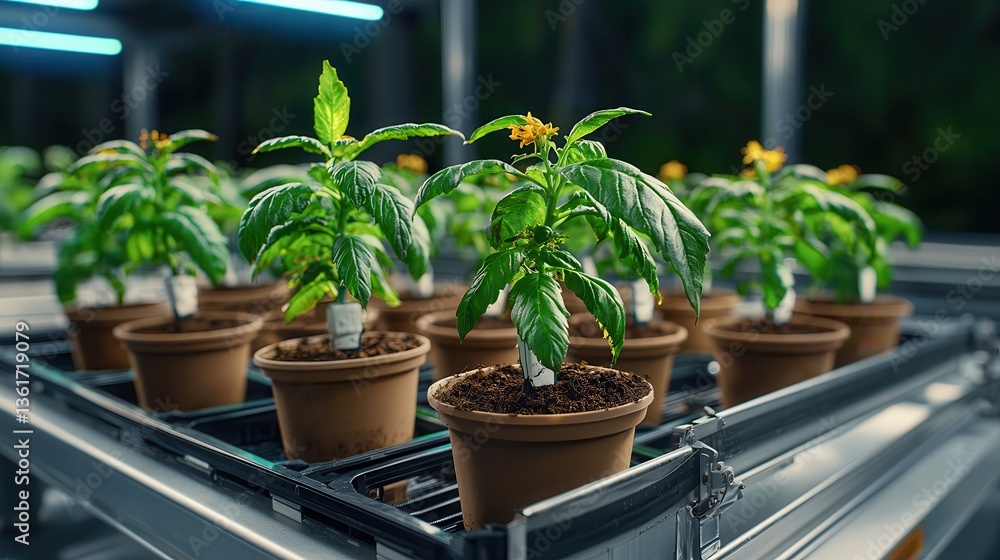 Green Plants with Flowers in Pots Grown in Indoor Hydroponic System Green Plants with Flowers in Pots Grown in Indoor Hydroponic System