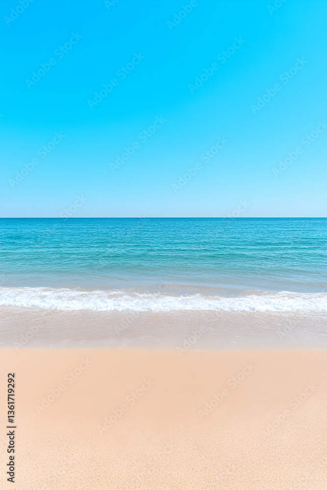 Serene beach scene with tranquil ocean and clear blue sky Serene beach scene with tranquil ocean and clear blue sky