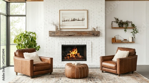 Cozy Farmhouse Living Room with Leather Chairs and Fireplace