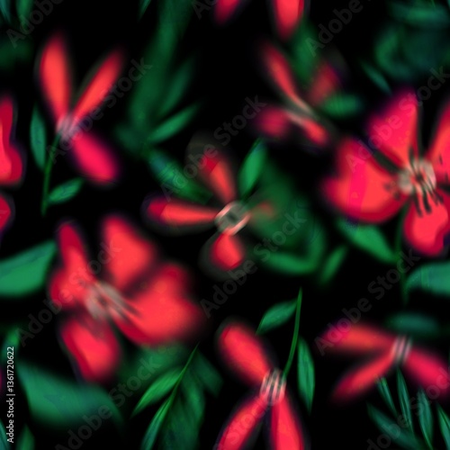 Abstract Digital Paint Watercolor Blurred Tie Dye Mix Plumeria Loose Flowers Leaves and Branches Seamless Pattern Isolated Background	