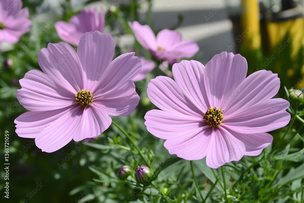 Obraz premium Closeup of Two Delicate Light Pink Cosmos Flowers in Bloom