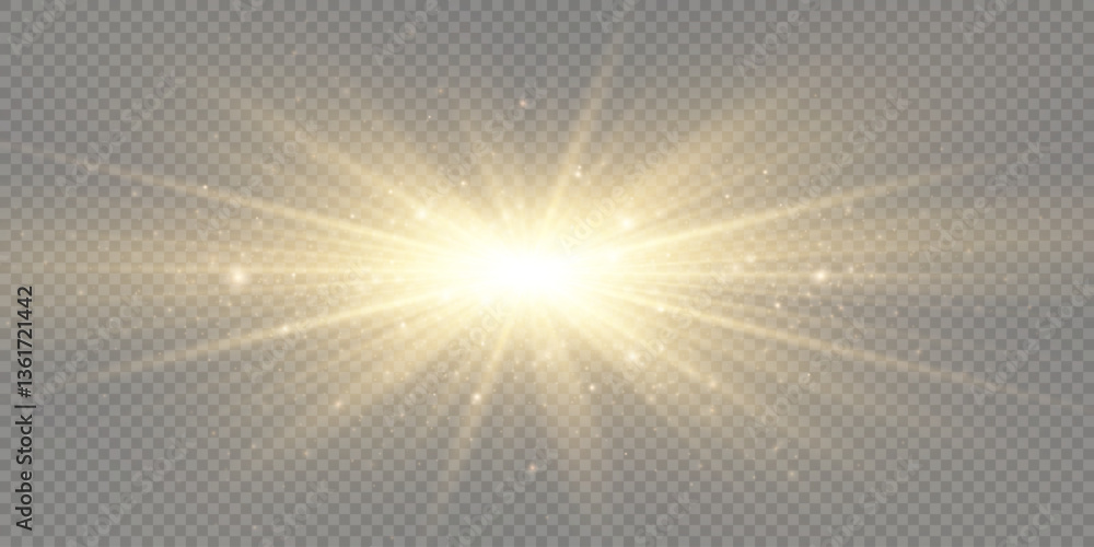 Fototapeta premium Sunshine. Glowing golden star. Solar flare on a transparent background.