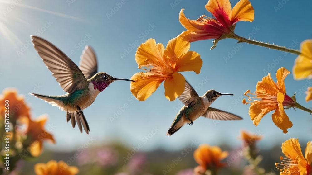 Two hummingbirds hovering near vibrant orange flowers against a clear blue sky. Two hummingbirds hovering near vibrant orange flowers against a clear blue sky.