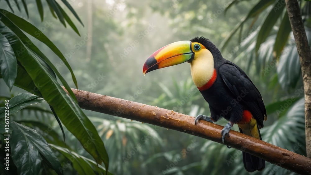 Naklejka premium A toucan perched on a branch amidst lush tropical foliage in a misty jungle setting.