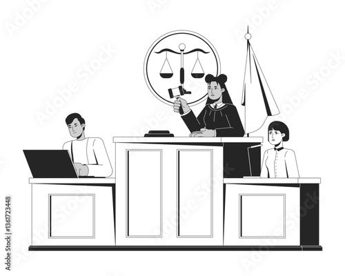 Latina female judge in courtroom holding gavel 2D line characters. Indian male lawyer laptop, asian woman witness testifying isolated vector ink outline people. Monochromatic spot illustration
