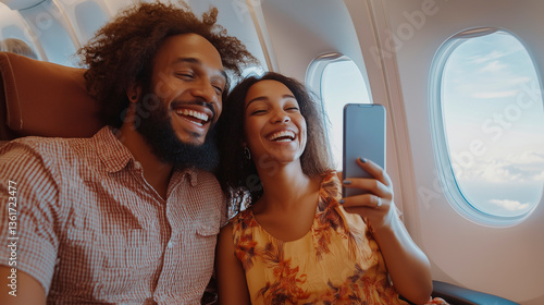 Happy Couple Taking a Selfie on an Airplane. A cheerful couple laughing while taking a selfie during their flight, seated by the airplane window with a bright sky in the background