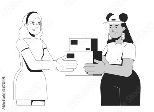 Two diverse women exchanging packages 2D line characters. Delivery service, logistics. Latina courier deliverywoman, female client isolated vector ink outline people. Monochromatic spot illustration