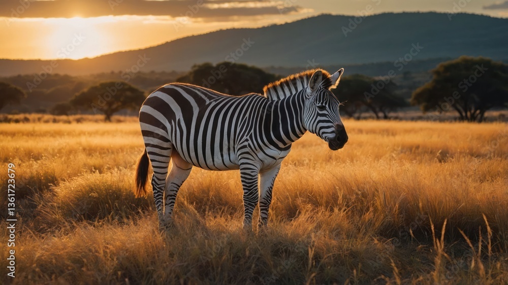Obraz premium A zebra stands gracefully in a golden grassland during sunset.