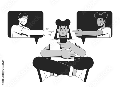 Cyberbullying and social pressure line illustration concept. Crying teen girl with phone, bullies in speech bubbles bullying online outline 2D characters isolated. Ink linear drawing vector art