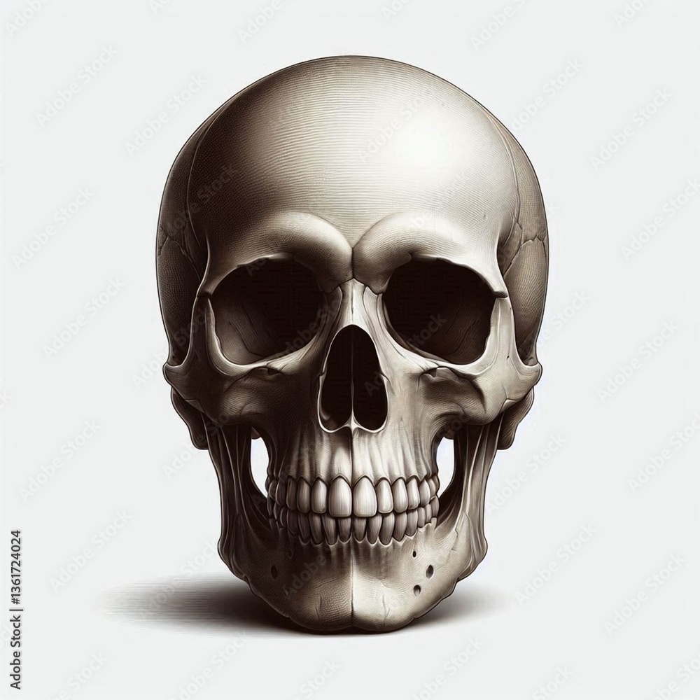 Obraz premium A spooky human skull, bone-white against stark black, reveals the anatomy of death