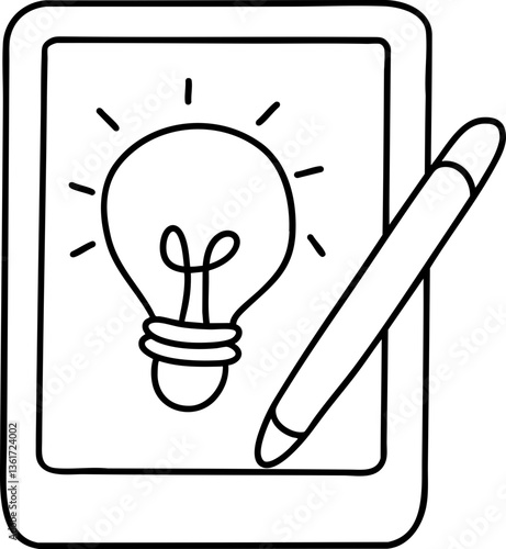 A digital tablet showcasing a light bulb illustration, symbolizing creativity and ideas, accompanied by a stylus for drawing or writing.