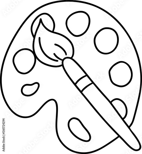 A simple outline drawing of a painter's palette with a brush, featuring circular paint wells and a paint blob.
