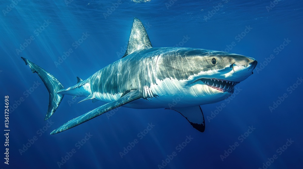 Naklejka premium Majestic great white shark breaches the deep blue, jaws agape. A thrilling underwater moment of power and beauty